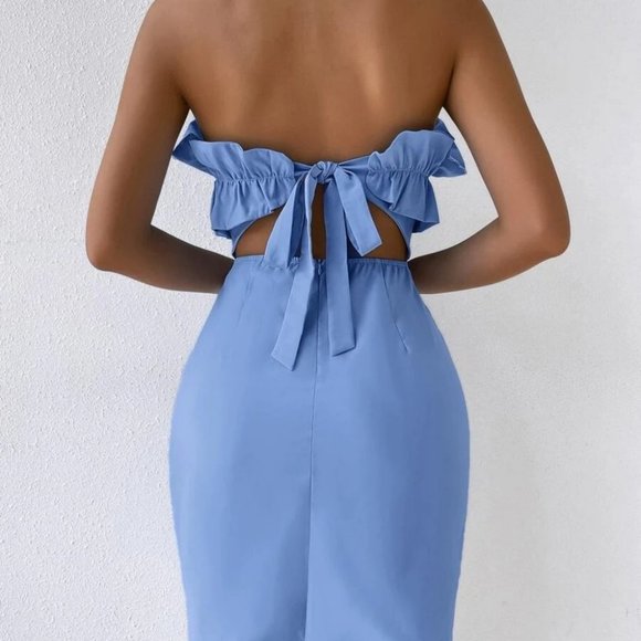 Blue Statement Ruffle Detail of the shoulder Bodycon Mini Dress - Picture 7 of 8